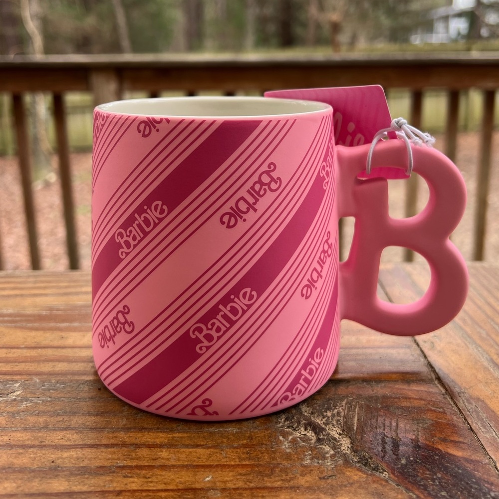 BARBIE Pink Stripe B Handle 21oz Ceramic Mug NWT NEW